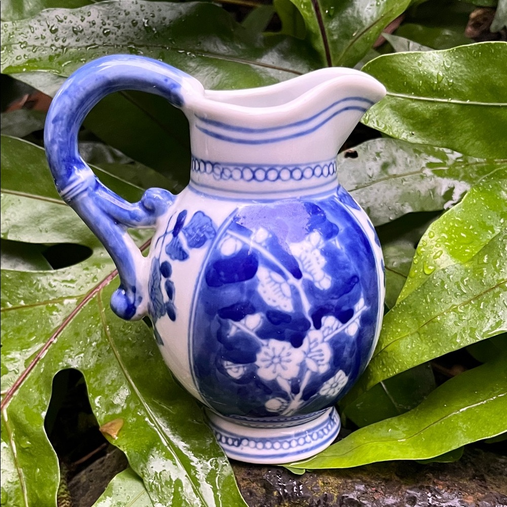 Blue and White Floral Ceramic Pitcher - Classic Decorative Vase